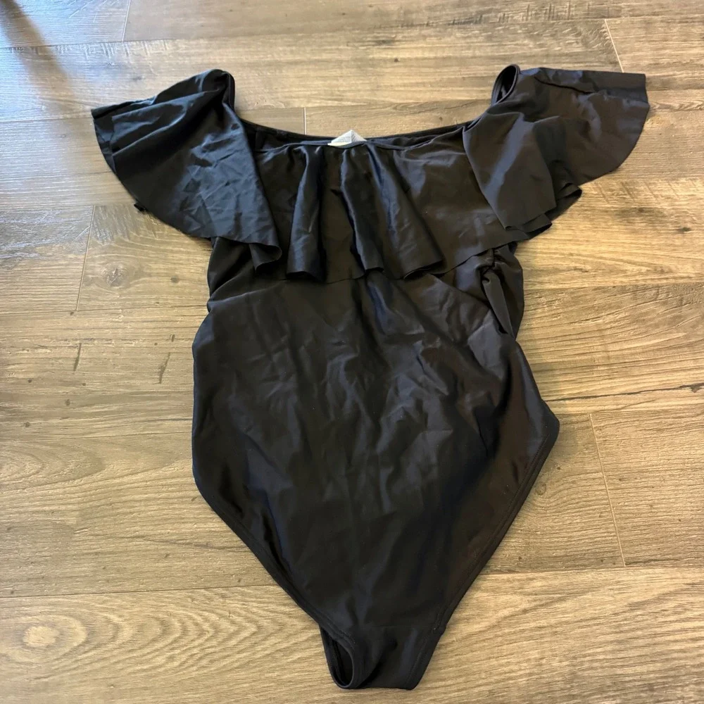 PinkBlush Maternity Ruffle Off The Shoulder One Piece Swimsuit Black Small